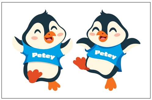 Two images of cartoon penguin, wearing blue T-shirt with 'Petey' written on it.